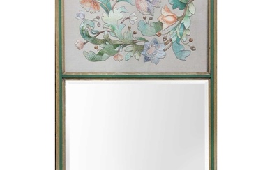 An Art Deco oak framed and green finished wall mirror. With ...