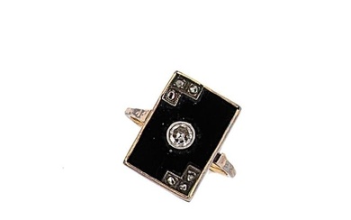 An Art Deco onyx and diamond set panel ring
