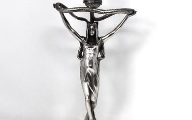 An Art Nouveau figural silver-plate table lamp with maiden holding a snake