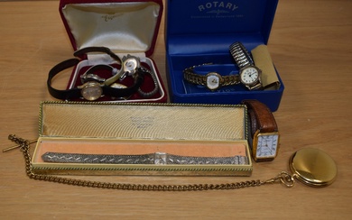 An assortment of wristwatches including a Rotary in original box, a Sekonda, a full hunter Rone