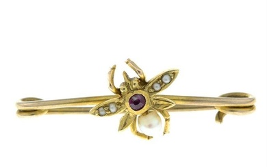 An early 20th century gold ruby, seed pearl and split pearl insect brooch.