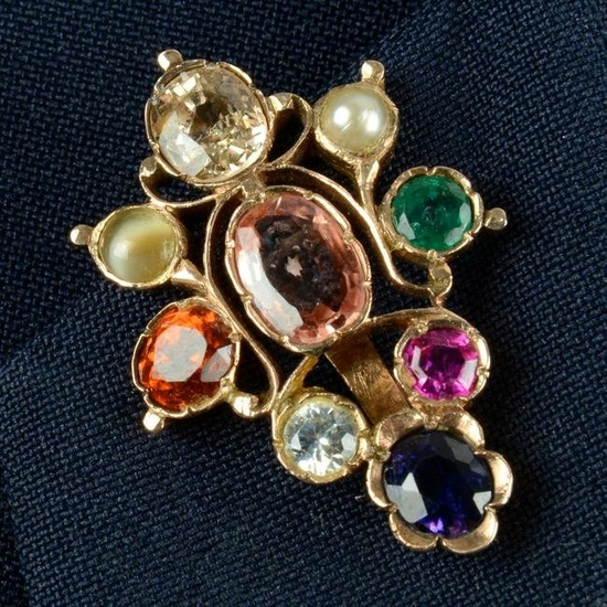 An early to mid 20th century gold Navaratna type clip, the Sri Lankan peach sapphire with yellow