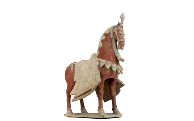 Ancient Chinese Northern Wei Dynasty (386-534) A Magnificent Painted Grey Pottery Figure of a Caparisoned Horse, with TL test - 38 cm