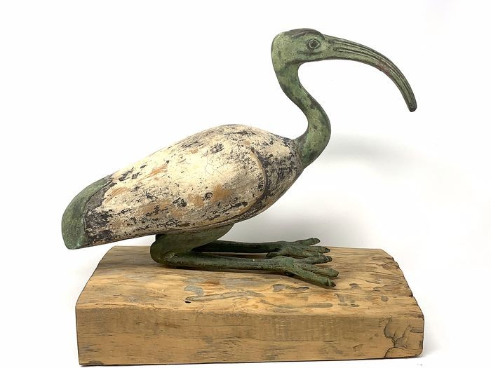 Ancient Egyptian Bronze and Wood Figure of a Resting Ibis on a Wood Base - Ex. Maguid Sameda W/Original Handwritten COA - 27×13×41 cm