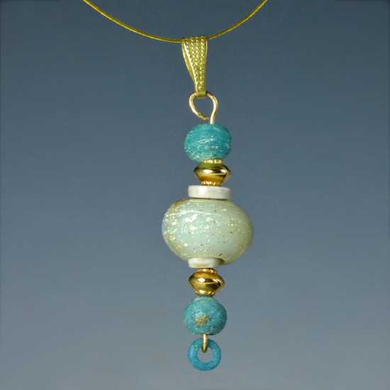 Ancient Roman Glass Pendant with turquoise and rare large beads - (1)