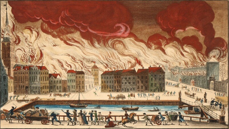 Andreas Flint (after C. F. Stanley): The Copenhagen Fire of 1795. Inscribed in print A. Flint Sc. Hand-coloured engraving. Plate size 27×42 cm.