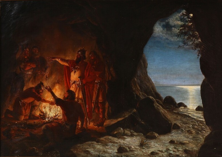 Anker Lund: View from a cave with a group of vikings gathering around the fire. Signed and dated Anker Lund 1874. Oil on canvas. 67×94 cm.