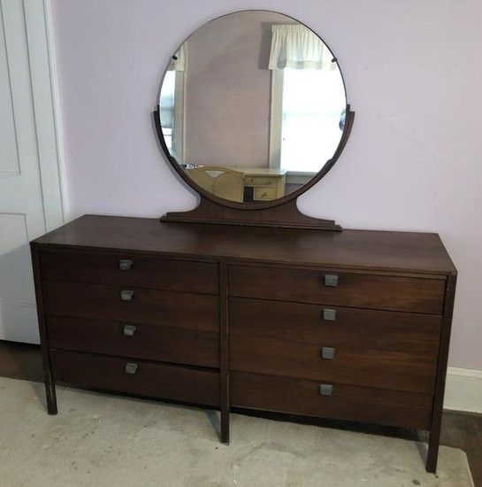 Antique Art Deco 8 Drawer Dresser w Round Mirror