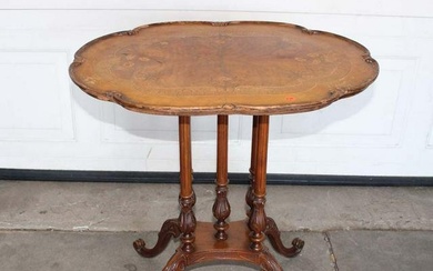 Antique French carved walnut inlaid lamp table, has finish loss