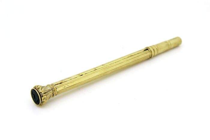 Antique Victorian case with dip pen and mechanical pencil with bloodstone seal end - .625 (15 kt) gold - Francis Mordan, London - U.K. - Mid 19th century