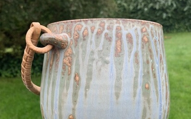 SOLD. Arne Bang: Stoneware ice bucket decorated with light blue and green glaze with brown...