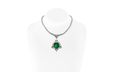 Art Deco 35.00 Carat Carved Emerald Pendant Necklace with Diamonds