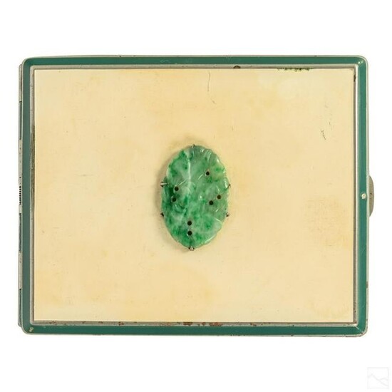 Art Deco White Green Enamel & Jade Cigarette Case