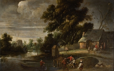 Attributed to Frans de Momper (1603-1660), landscape with figures near the water, 17thC, oil on...