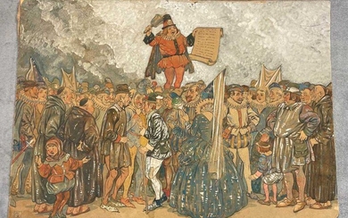 Attributed to Walter Crane, Town crier with crowd, pen, ink and bodycolour on board, with artist's