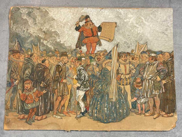 Attributed to Walter Crane, Town crier with crowd, pen, ink and bodycolour on board, with artist's