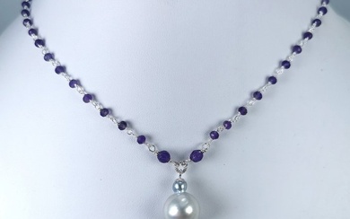 Australian Southsea pearl BQ Ø 13x16,5 mm precious stones - Necklace Silver Pearl - Amethyst