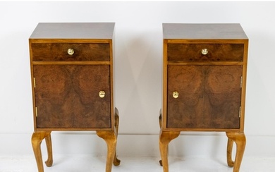 BEDSIDE CABINETS, a pair, Art Deco burr walnut, each with dr...