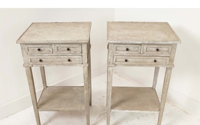 BEDSIDE TABLES, a pair, painted in French taste, each with t...