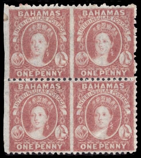 Bahamas 1862 perf 11 to 12½ 1d. lake block of four partly perforated, remaining imperforate be...