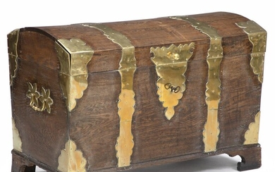 SOLD. A Baroque chest of oak with brass mounting and handles, arched lid. 18th century....
