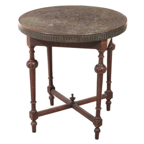 Belgian Walnut End Table with Moroccan Brass Top, Early 20th Century