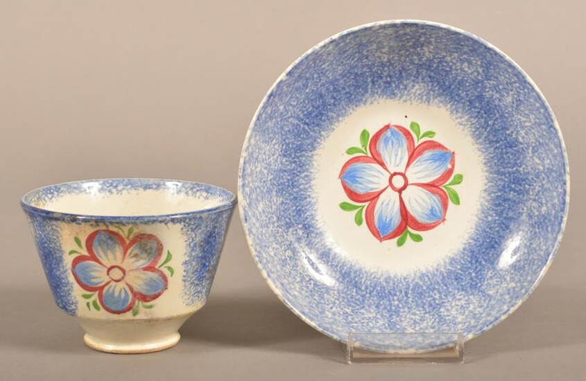Blue Spatter China Dahlia Pattern Cup and Saucer.