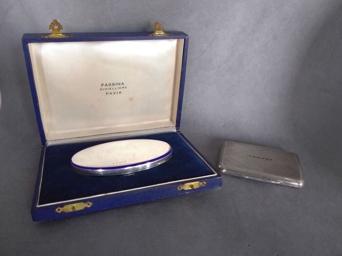 Blue enamel box and compact vanity case with 6 synthetic rubies (2) - .925 silver - Europe - Mid 20th century