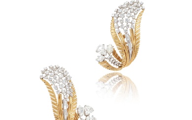 Boucheron Pair of gold and diamond ear clips/brooches, 1950s