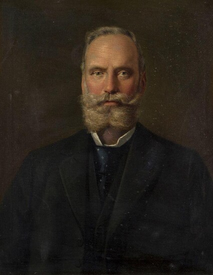 British School, mid-late 19th century- Portrait of a gentleman, traditionally identified as 'Money-Coutts, Baron Latymer', quarter-length, wearing a black coat; oil on canvas, bears inscription on the reverse of the stretcher, 72.2 x 58 cm...