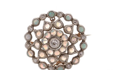 Brooch Edwardian 9kt gold and silver diamond and opal pendant/ brooch