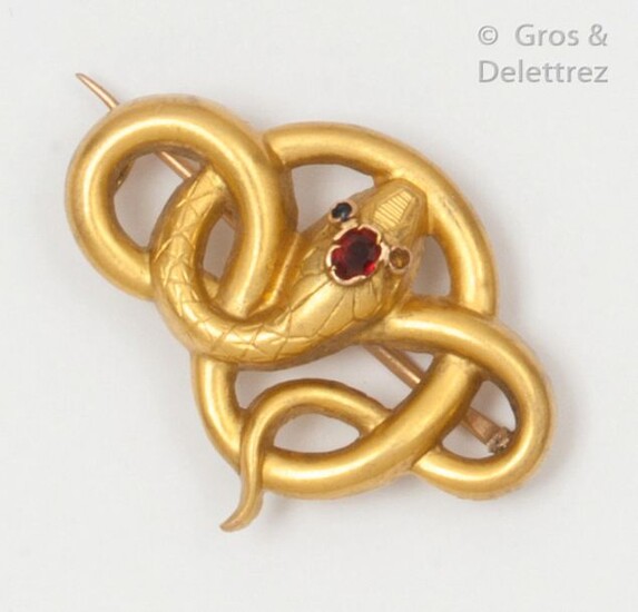 Brooch "Snake" in yellow gold, the head set with a garnet. P. Gross: 3.2g. (Missing a stone to the eye)