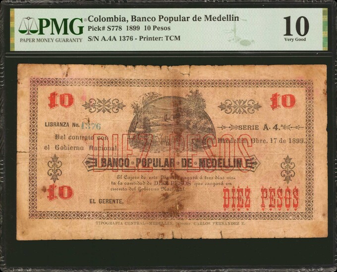 COLOMBIA. Banco Popular de Medellin. 10 Pesos, 1899. P-S778. PMG Very Good 10.