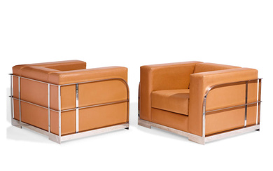 CONTEMPORARY Pair of Club Chairs chromed steel and leather height...