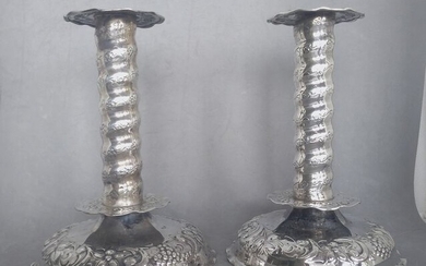 Candlestick, Pair of hand chased candle holders (2) - .830 silver - Tenn & Silver - Goteborg - Sweden - 1948