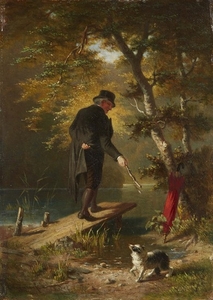 Carl Georg Naumann, Man Walking his Dog by a Pond