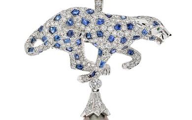 Cartier Platinum Tahitian Pearl Sapphire And Diamond Pendant/Clip Brooch