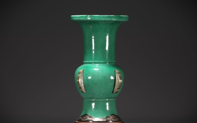 China - Large green monochrome porcelain vase, silver mounting.