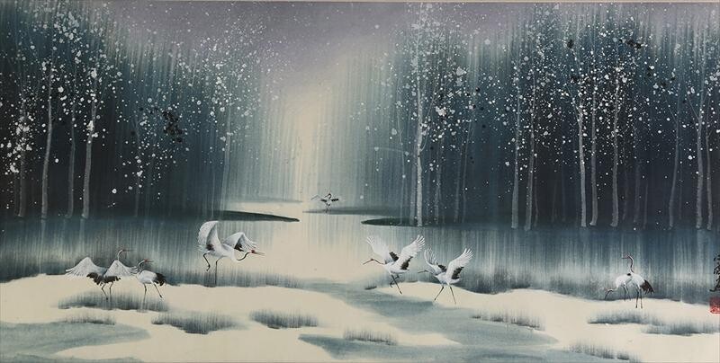 Chinese Colored Ink on Paper, Cranes in Marshy Landscape, Color Inks on Paper, Modern FR3SHLM