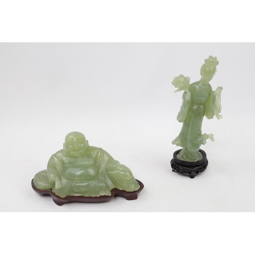 Chinese Jadeite figure of a Buddha and woman, both mounted o...