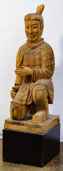 Chinese Qin Style Wood Warrior Statue