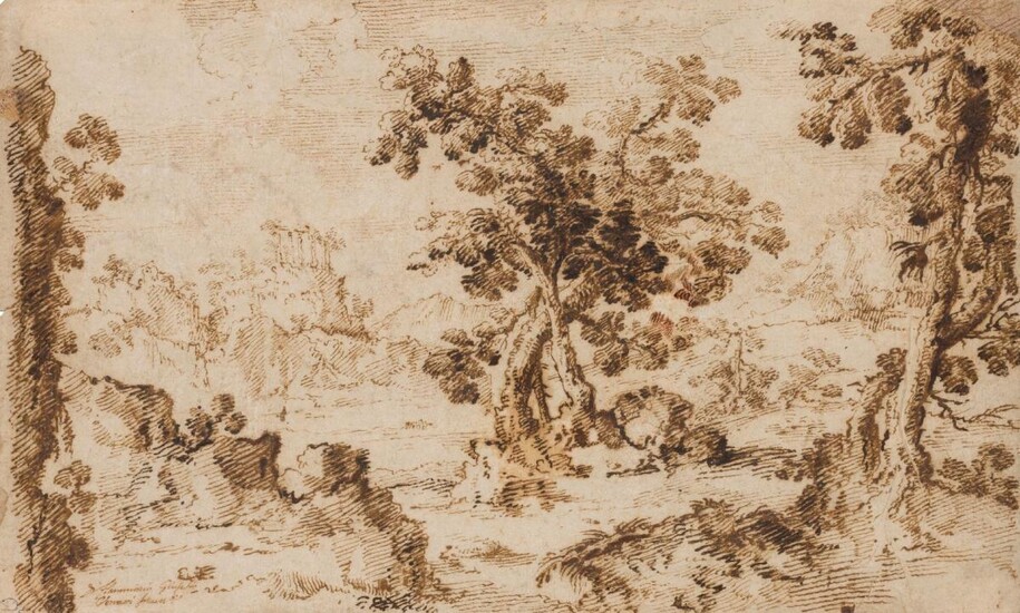 Circle of Johannes Glauber, Dutch 1646-1726- An extensive rugged Italianate landscape with ruins on the hill; pen and brown ink on laid paper, indistinctly inscribed 'Di flamminio Giusetto / Verrani Stain[?]' (lower left), bears reference 'D5'...
