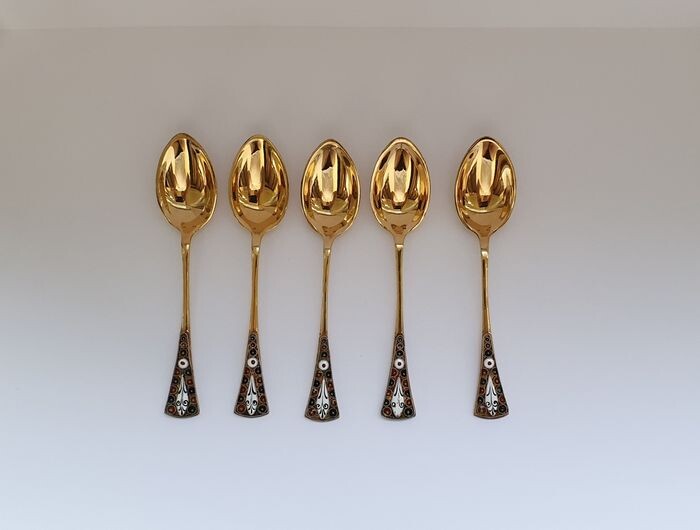 Cloisonne Enamel Spoons (5) - .835 silver, Silver gilt - Hungary - Second half 20th century