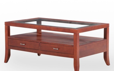 Contemporary Hardwood Two-Drawer Coffee Table with Glass Top