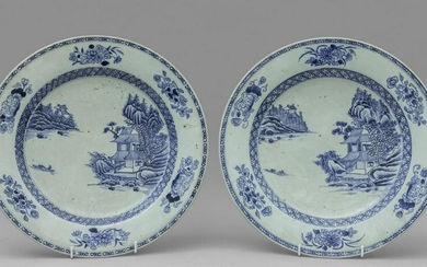 Coppia di piatti in porcellana bianca e blu, nel