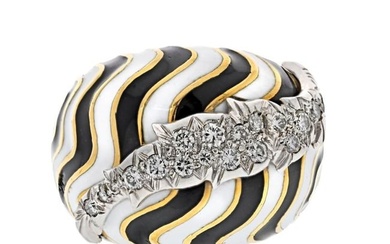 David Webb Platinum & 18K Yellow Gold Black and White Bombe Diamond Enamel Ring