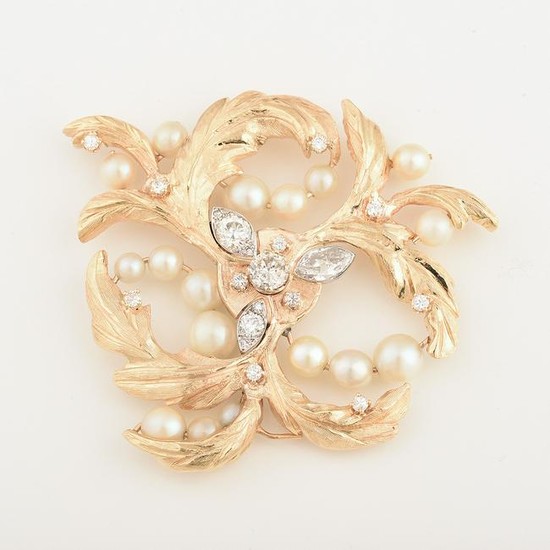 Diamond, Cultured Pearl, 14k Yellow Gold Pendant.