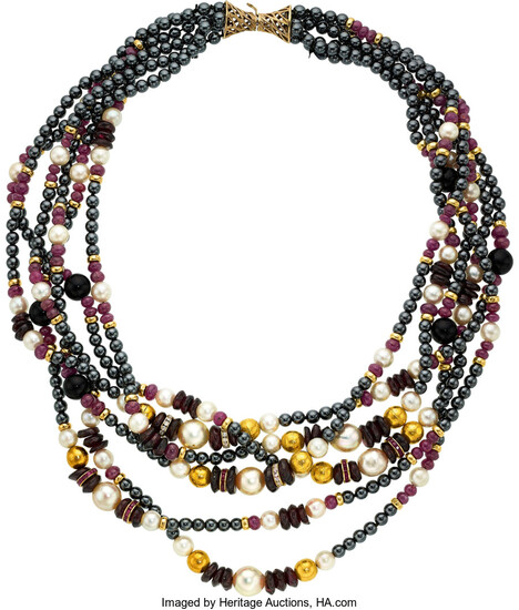 Diamond, Multi-Stone, Cultured Pearl, Gold Necklace The torsade is...