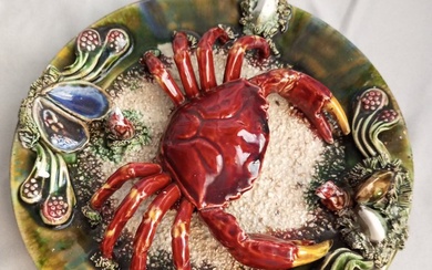 Dish - Majolica Palissy Style Majolica Crab Plate - Ceramic, Majolica