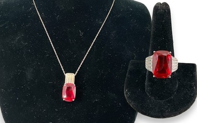 Dramatic Synthetic Ruby Ring and Pendant in Silver